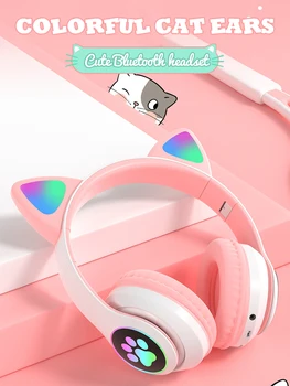 RGB Kaķu Ausu Austiņas Bluetooth 5.0 Bass Trokšņa Slāpēšanas Pieaugušajiem, Bērniem, Meitene Austiņas Atbalsta TF Karti Kasko Mic Dāvanu Aproce