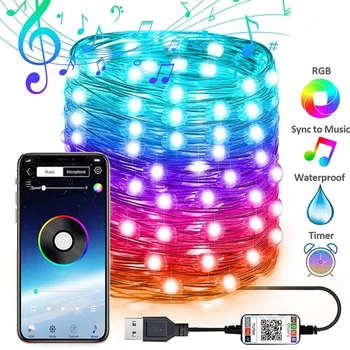 RGB LED String Light USB Bluetooth App Kontroles String Gaismas Lampa Ūdensizturīgs Āra Pasaku Gaismas Svētku Apgaismojums
