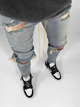 Ripped Džinsi Vīriešu Skinny Fit Pavasara Vasaras Ceļgala Sadalīti Caurumi Hip Hop Peicils Bikses Streetwear Problemātisko Krāsotas Rāvējslēdzēji Desinger