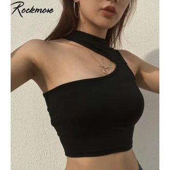 Rockmore Melna Asimetriska Tvertnes Augšpusē Dāmas Bez Piedurknēm Bodycon Fitnesa Kultūraugu Top Strādāt Sexy Camis Streetwear Gadījuma Veste Femme