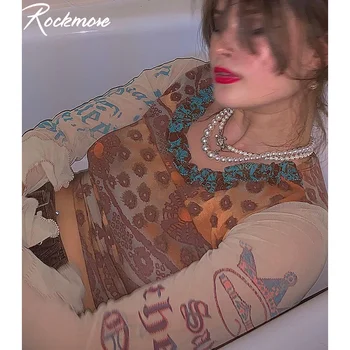 Rockmore Retro Pattren Acs T-krekli, Sieviešu Gudrs Estētika 90s Y2K Nieru Slim Sleeve Crop Topi Kawaii Egirl Modes Vintage t-veida