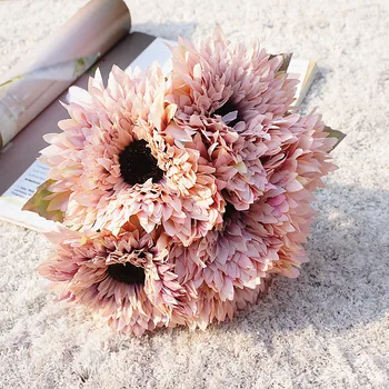 Roku darbs daudzslāņu saulespuķu pušķis gerbera mākslīgie ziedi mājās apdare kāzu fotogrāfijas zīda puses, ziedi, ziedi