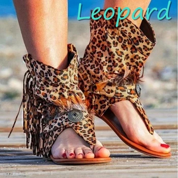 Romas Dzīvoklis Kurpes Sieviešu Boho Retro Klipu Kājām Spalvu Pušķis Leopard Dāmas Zābaki Vasaras Modes Gadījuma neslīdoša sieviešu Sandales