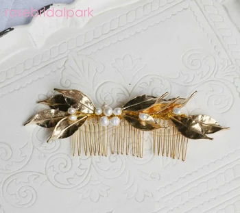 Rosebridalpark Modes matu ķemmes saldūdens pērļu rotaslietas sievietēm lapu headpieces līgavas rotājumu roku darbs kāzu aksesuāri