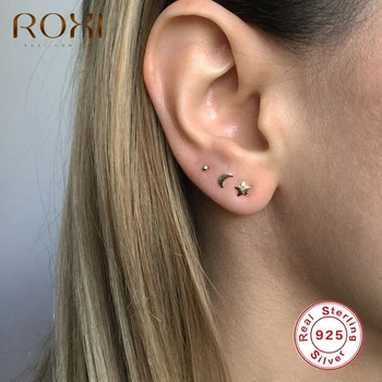 ROXI 3pcs/Komplekts Mini Star Mēness Apaļas Pērles Stud Auskari Sievietēm Earings 925 Sterling Sudraba Rotaslietām Neparasti Auskari Pīrsings