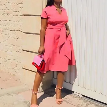Rozā Elegants Birojs Sievietes Kleitu Āfrikas Stils 2020. Gada Vasaras Vidum Teļš Lady Līnijas Kleitas, Drēbes Ar Īsām Piedurknēm Sieviešu Puses Vestiods