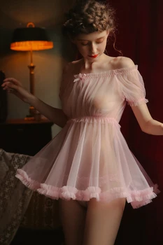 Rozā Gudrs Ekstrēms Pārbaudījums, Seksīga Apakšveļa Puff Piedurknēm Acs Nightdress Nightgowns Sievietes Sexy Sleepwear Sieviešu Apģērbs
