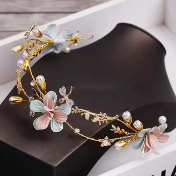 Rozā un zaļā divu krāsu ziedu hairband Spāre zelta lapu vara stīpu līgava vainaga kāzu matu aksesuāri līgava galvassegu