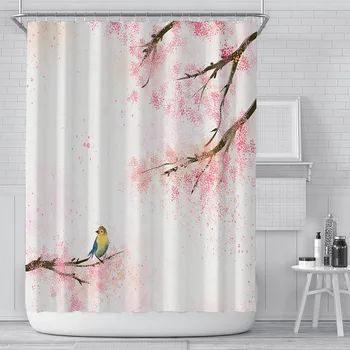 Rozā ķiršu ziedu tintes ziedu un putnu drukāšanu mājas apdare dušas aizkars poliesters ūdensnecaurlaidīga, aizkars ar āķi 180x180