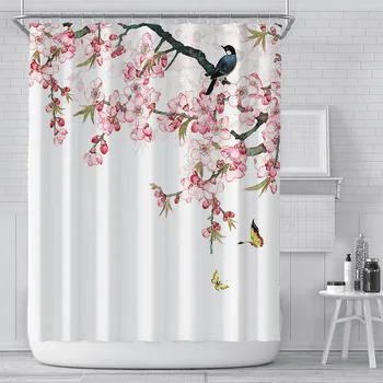 Rozā ķiršu ziedu tintes ziedu un putnu drukāšanu mājas apdare dušas aizkars poliesters ūdensnecaurlaidīga, aizkars ar āķi 180x180