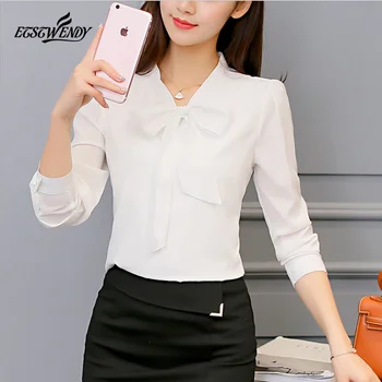 Rudens 2019 Sievietes Balts Krekls Ar Garām Piedurknēm Melns Krekls Korejas Sieviešu Apģērbu Streetwear Slim Šifona Blūze Elegants Sieviešu Tops