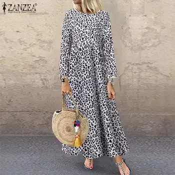 Rudens Gadījuma O Kakla Maxi Vestidos ZANZEA ir 2021. Sievietes Puses Garo Kleitu Modes Leopards Izdrukāt garām Piedurknēm Sundress Femme Drēbes