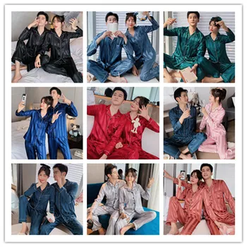 Rudens Homewear Pāris 's Pidžamas Komplekts ar garām Piedurknēm Satīna Zīda Plānas Plus Lieluma Mīksti Vīrieši Sievietes 's Divas Gabals Uzvalks Pavasara Gadījuma Topi
