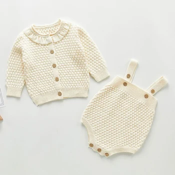 Rudens Infant Baby Meitenes Adīšanas Garām Piedurknēm Tīru Krāsu Mētelis+Kombinezonus Apģērbu Komplekti, Pavasarī Bērni Uzvalks Toddler Bērnu Drēbes Meitenei