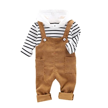 Rudens Komplekti, Baby Boy Apģērbs Ar Garām Piedurknēm Svītrainām Pelēkā Vārna Sporta Krekls+Siksna Bikses Gadījuma Komplekti