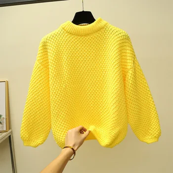 Rudens un ziemas 2020. gadam, dzeltena un zila adīta sieviešu trikotāžas džemperi, korejiešu uzliesmoja garām piedurknēm apkakli