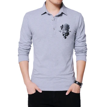 Rudens Vīriešu Gadījuma T-krekls ar garām Piedurknēm Ziedu Drukas Dizains korejiešu Stila Tendences, Savukārt Apkakle Slim Fit Eleganti T-krekls Vīriešu