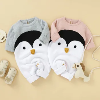Rudens Ziemas Baby Zēni Meitenes Karikatūra Pingvīns Kombinezonus Drēbes Bērniem, Baby Boy Meitene Bērniem Adīšanas Garām Piedurknēm Kombinezonus