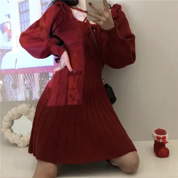 Rudens Ziemas Saldie Trikotāžas Kleita Sievietēm Eleganto Kawaii Mini Kleita Sieviešu Korejas Šiks Slim Puse Kleitas Ziemassvētku Drēbes Ir 2021.