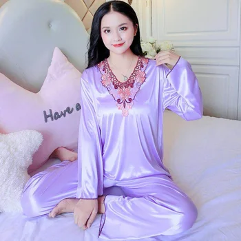 Rudens Zīda Pidžamas Komplekti Sievietēm Luksusa izšūšanas ar garām Piedurknēm Pidžamas Sleepwear Uzstādīt Soild Sexy 2 Gab Pijama plus lieluma Pidžamas
