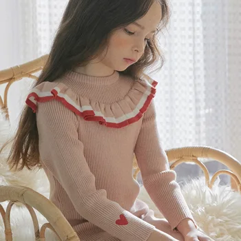 Rudenī un Ziemā, Meitenes Slim-Fit Midi Pulovers Džersija Kleita Cute Mežģīnes Bērnu Vilnas kleita Princese Kleita