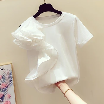 Ruffles raibs o-veida kakla īsām piedurknēm t krekls sievietēm korejas modis baltie tee kreklu femme gadījuma elegants t 2020. gada vasaras topi