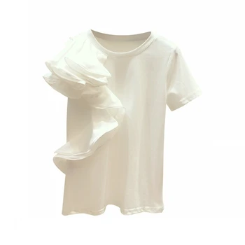 Ruffles raibs o-veida kakla īsām piedurknēm t krekls sievietēm korejas modis baltie tee kreklu femme gadījuma elegants t 2020. gada vasaras topi