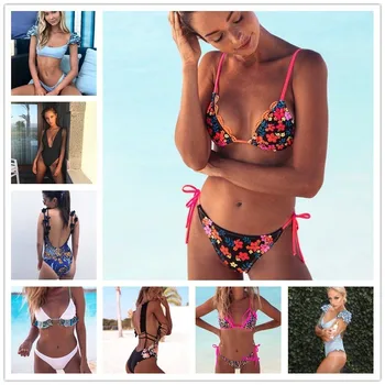 Ruffles Sievietes Bikini Komplekts Ģeometriskā Drukāt, Bikini, Peldkostīmi, Brazīlijas Push Up Peldkostīms 