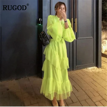 RUGOD 2020. gadam, Modes Slāņa Sievietes Kleitu Elegants Cieta Augsta Vidukļa Caurspīdīga Vasaras Kleita Gadījuma korejas modis femme vestido verano