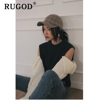 RUGOD Džemperis sievietēm korejas šiks apaļu kakla dalīts ar garām piedurknēm puloveri, džemperi sieviešu Vintage auturm silts gadījuma trikotāžas apģērbiem