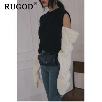 RUGOD Džemperis sievietēm korejas šiks apaļu kakla dalīts ar garām piedurknēm puloveri, džemperi sieviešu Vintage auturm silts gadījuma trikotāžas apģērbiem