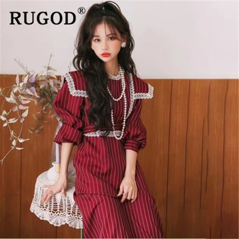 RUGOD korejas mežģīnes raibs svītru sieviešu kleita Vintage peter pan apkakli ruffles garās kleitas vestidos Harajuku Gadījuma 2020. gadam kleita