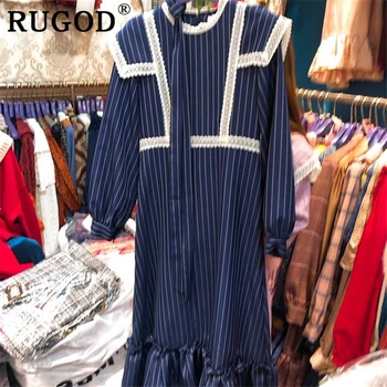 RUGOD korejas mežģīnes raibs svītru sieviešu kleita Vintage peter pan apkakli ruffles garās kleitas vestidos Harajuku Gadījuma 2020. gadam kleita