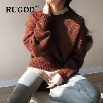 RUGOD korejiešu Jaunā Stila Trikotāžas Šiks Džemperis Sievietēm, Silts Mīksts Brūns Džemperis Pusapaļas Šiks Modes 2020. Gadam Vienkāršu, Cietiem Džemperi