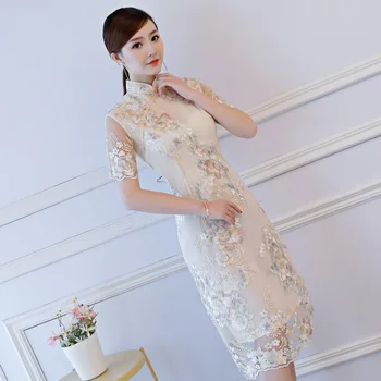 S-3XL Modes Ceļa Garums Cheongsam Vintage Ķīniešu stila Kleita 2018 Sieviešu Izšuvumi Qipao Slim Puse Kleitas Pogu Vestido