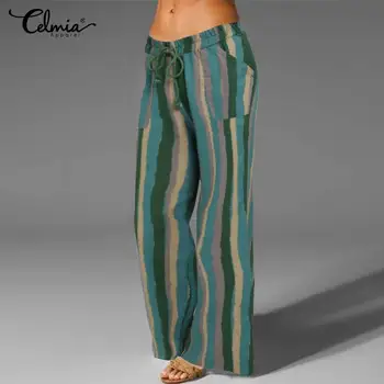 S-5XL Celmia Vintage Plaša Kāju Bikses Sievietēm Elastīgs Viduklis Gadījuma Zaudēt Plus Lieluma Bikšu Modes Drukāt Palazzo Kabatas Pantalones