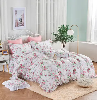SALDS rozā ziedu gultas komplektu, dvīņu pilna karaliene, karalis kokvilnas romantiska viena dubultā mājas tekstila gultas pārklājs spilvena pārvalks sega vāciņu