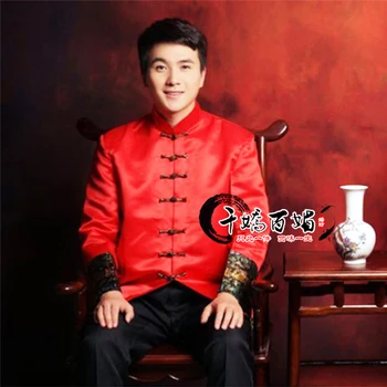 Sarkana tunika, jaka tang kostīmi vīriešu shanghai oriental drēbes tangzhuang mandarīnu kāzu uzvalks tradicionālā ķīniešu apģērbi vīriešiem