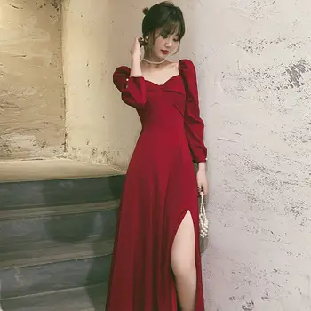 Sarkanā Elegants Puse Kleita Sievietēm Pavasarī francijas Sadalīt Dizainers Midi Kleitu Sieviešu High Street Gadījuma korejas viengabala Kleita Ir 2021. Jaunas