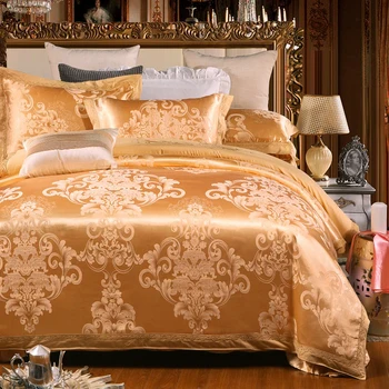 Sateen kokvilnas zelta sega sedz, kokvilnas palagu queen, king size 4gab gultas komplekts luksusa izšuvumi gultas komplekts spilvens shams