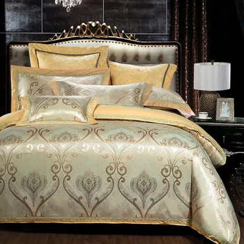 Sateen kokvilnas zelta sega sedz, kokvilnas palagu queen, king size 4gab gultas komplekts luksusa izšuvumi gultas komplekts spilvens shams