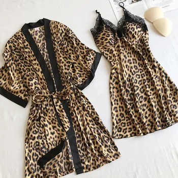 Satīna Leopard Sleepwear Nightdress Sexy Lady 2GAB Nighty&Drēbes Uzvalku Intīmas Apakšveļa Zaudēt Naktsveļu Mājas Apģērbs Kimono Kleita