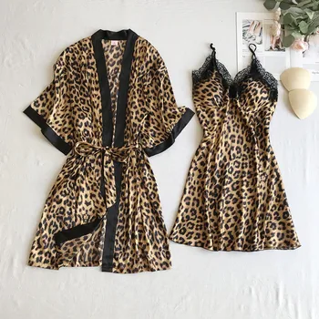 Satīna Leopard Sleepwear Nightdress Sexy Lady 2GAB Nighty&Drēbes Uzvalku Intīmas Apakšveļa Zaudēt Naktsveļu Mājas Apģērbs Kimono Kleita