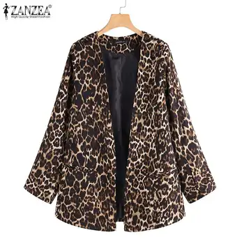 Savukārt, Apkakles Žakete Modes Leopards Izdrukāt Sieviešu Pusgarās ZANZEA ir 2021. Gadījuma garām Piedurknēm Mēteļi Dāma Vaļīgas Žaketes Outwear