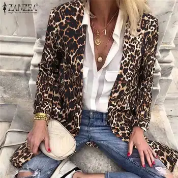 Savukārt, Apkakles Žakete Modes Leopards Izdrukāt Sieviešu Pusgarās ZANZEA ir 2021. Gadījuma garām Piedurknēm Mēteļi Dāma Vaļīgas Žaketes Outwear