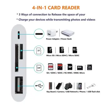 SD Karšu Lasītājs, 4 in 1 Micro SD TF Atmiņas Kartes Adapteri Saderīga ar Tālruni ir Zibens ar USB Kameras Lasītājs, OTG Kabelis, Adapteris