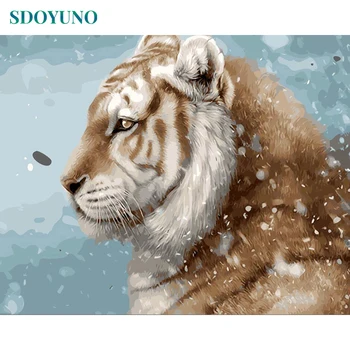 SDOYUNO Rāmis Sniega Tīģeri Dzīvniekiem DIY Krāsošana Ar Numuriem Komplekti Akrila Krāsas Ar Numuru, kas ir Unikāls Dāvanu, Mājas Dekoru, 40x50cm Māksla