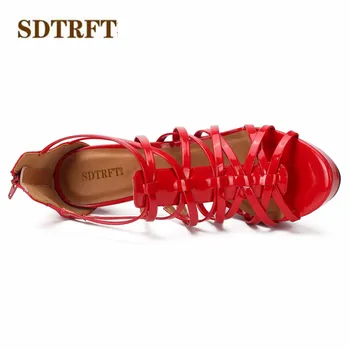 SDTRFT platformas Sandales Vasarā 14cm plānas Augstiem Papēžiem Crossdresser Šaurā Joslā Kurpes sieviete Peep Toe Sprādzes sūkņi zapatos mujer