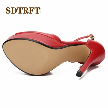 SDTRFT VASARAS Peep Toe Deju SARKANAS sandales 16cm plānas augstpapēžu kurpes sexy Potītes Siksniņu, sieviete, kurpes platformas, kāzu sūkņi Plus:46 47 48