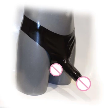 Seksīga Melnā Lateksa biksītes ar dzimumlocekļa Gumijas apvalku apakšveļa ar prezervatīvu bikses Šorti